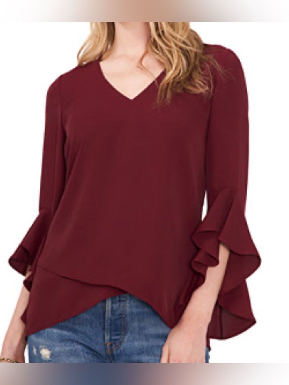 Vince Camuto V-Neck 3/4 Flutter Sleeve Blouse Size L